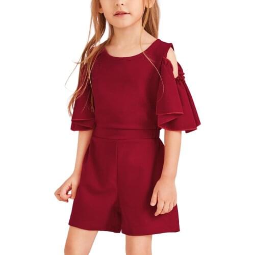 Girls Cute Solid Color One-Piece Playsuits Short Fly Sleeve Single Breasted Off-Shoulder Short Pants Jumpsuit Red 18Month-6Years