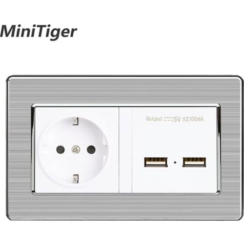 Minitiger EU Standard Wall Power Socket With Dual USB Smart Induction Charge Port For Mobile 5V 2.1A Stainless Steel Panel