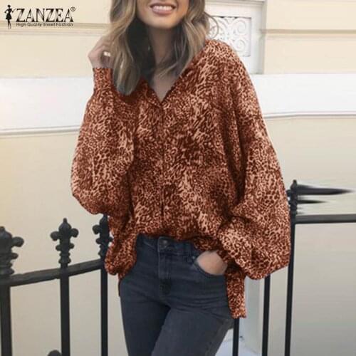 ZANZEA Fashion Women Blouses 2021 Spring OL Leopard Shirts Casual Lantern Sleeve Loose Tops Female Business Wears Plus Size 7