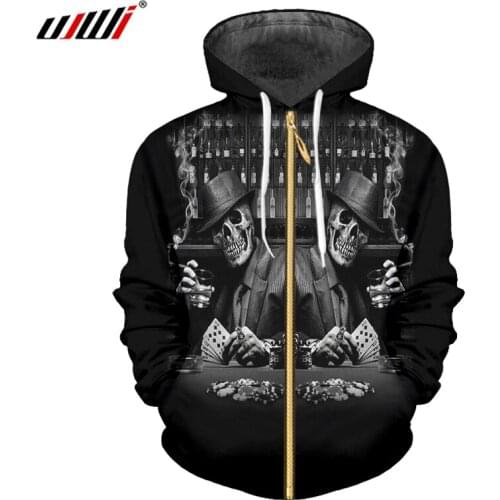 UJWI Zip Hoodies 2018 Mens Spring and autumn new Smoking poker skull 3D Printed Hip Hop Street Long Sleeve Tops Trend Male