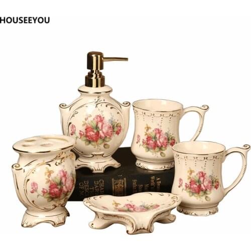 Luxury Bathroom Accessories Set European Bathroom Sanitary Ware Ceramic Personalized Wedding Gift Painted Home & Garden 5pcs/set