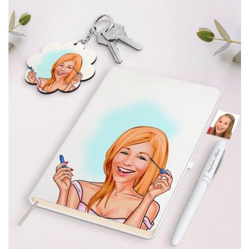 Personalized Women 'S Caricature Of White Notebook pen And Keychain Gift Seti-21 Reliable Quality Gift Casual Design moment