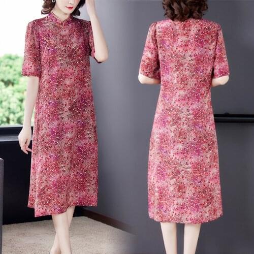Cheongsam Improved Version Mid-Length Color Dress Female Spring Summer New Noble Fashion Mulberry Silk Large Size 4xl Dress s335