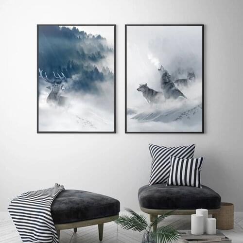 Nordic Wolf Deer Poster Snow Mountains Foggy Forest Wall Art Canvas Painting Minimalist Print Picture Modern Home Room Decor