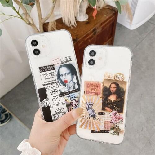 Dropshipping Cute Mona Lisa DesignPhone Case for iPhone 12 Spoof Funny Label Design Transparent Cover for iPhone 11/7/8/X/XR/XS