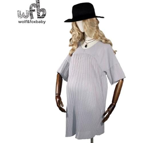 Retail Pregnant women Large size dress Pleated chiffon solid color O-neck casual dress summer