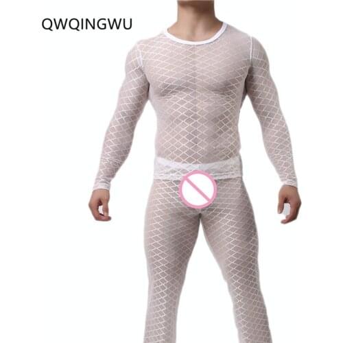 Sexy Men Undershirt Underwear Long Sleeves O-Neck Mesh Fishnet Transparent Sleepwear Nightwear Mesh Underwear Undershirts