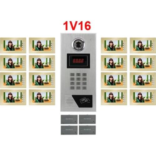 Building Video Intercom System 7" LCD Video Door Phone CCD Camera Password&ID Card Function for 16-Apartments Video Doorbell