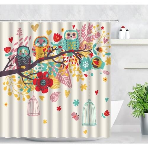 Cartoon Animals Kids Shower Curtains Bird Owl Giraffe Alpaca Flowers Print Waterproof Screen Decor Children Bathroom Curtain Set