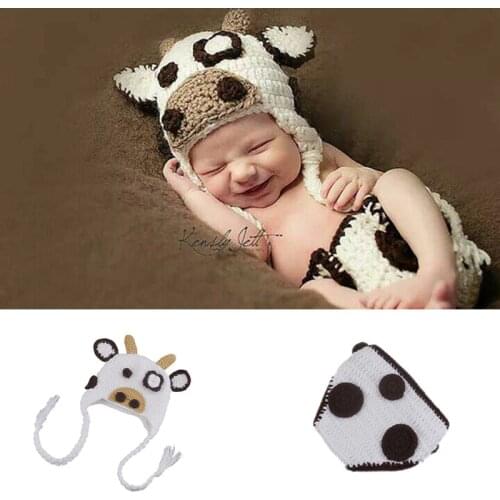 Crazy Cow Design Newborn Crochet Knit Costume Baby Long Braid Beanies Hat Handmade Infant Diaper Cover Photo Props Clothes Set