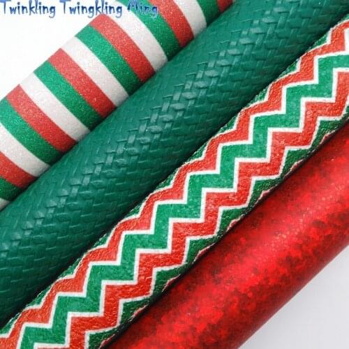 Green and Red Christmas Glitter leather, Arrow and Stripes Printed Glitter Fabric Leather For Bow 21x29CM Twinkling Ming KM304