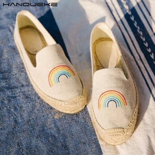 2020 Spring Summer Flat Platform Flax Espadrilles Shoes Woman Insta Style Vacation Beach Flats Embroidered Rainbow Women Shoes