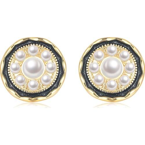 Round Stud Earrings For Women Christmas Gift Jewellery Yellow Gold Color Imitation Pearl Piercing Earing Fashion Jewelry E032