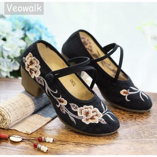 Veowalk 4.5 Block Heel Women Cotton Fabric Embroidered Mary Jane Pumps Retro Comfortable Chinese Style Shoes Black Gray White