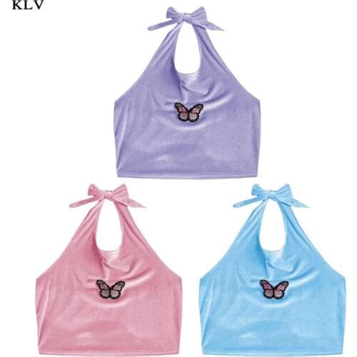 Women Summer Velvet Crop Top Sexy Halter Bowknot Backless Camisole Butterfly Embroidery Solid Color Tank Streetwear S-2XL
