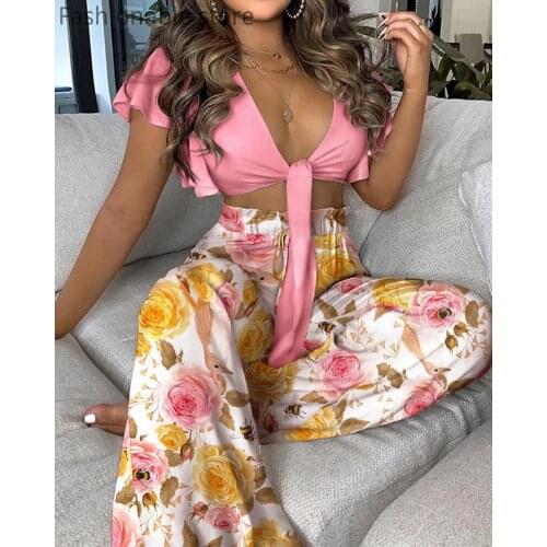 2021 Summer Women Print Short Sleeve Crop Top & High Waist Wide Leg Pants Set