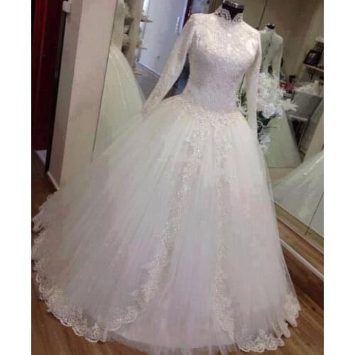 Robe de mariage Ball Gown lace 2018 Lace Appliqued Long Sleeve high neck Muslim Princess Islamic dress