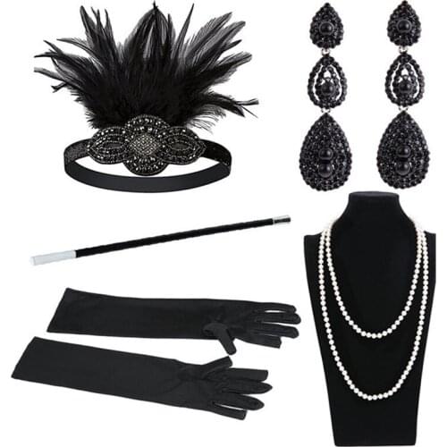 Halloween Party Black Red 1920s Accessories Headband Necklace Gloves Cigarette Holder Flapper Costume Accessories Set For Women