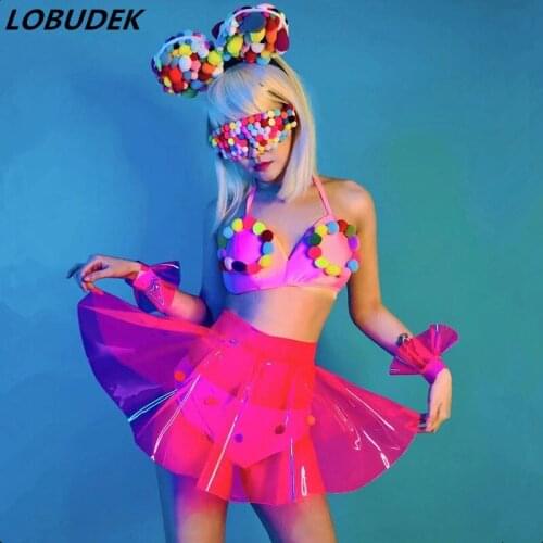 Bar Club Festival Rave Party Show Costume Rose Leather Colorful Ball Headdress Bikini Skirts Outfit DJ Leading Dancer Stage Wear