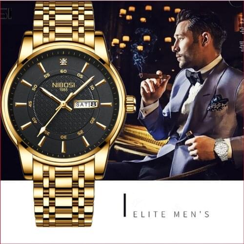 NIBOSI Luxury Gold Mens Watches Top Brand Auto Date Luminous Quartz Watch Men Waterproof Week Display Dress Male Clock Relogio
