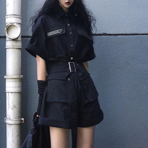 HOUZHOU Black Jumpsuit Overalls Women Wide Leg Short Pants Summer One Piece Outfit Gothic Vintage Combishort Fashion Playsuit