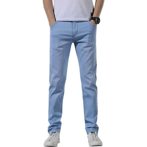 High Quality Business Casual Elastic Slim Fit Trousers Brand Pants Classic Style Mens Cotton Light Blue Jeans