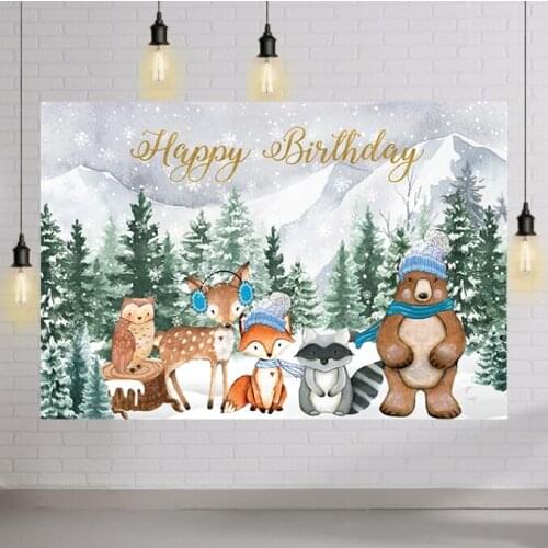 Winter Photocall Forest Trees Snow Woodland Party Photo Backgrounds Fox Bear Photography Backdrops Christmas Banner Photo Studio