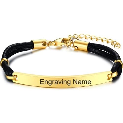 Engraving Name Chain Bracelets Gold Color Stainless Steel + wax rope Wax Rope Chic Girl Streetwear Ornaments