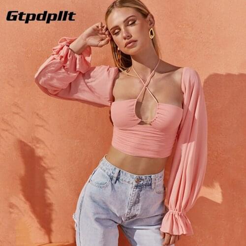 Gtpdpllt Fashion T Shirt Women 2021 Long Lantern Sleeve Halter Backless Sexy Crop Top Club Summer Y2k Blusas Camisetas De Mujer