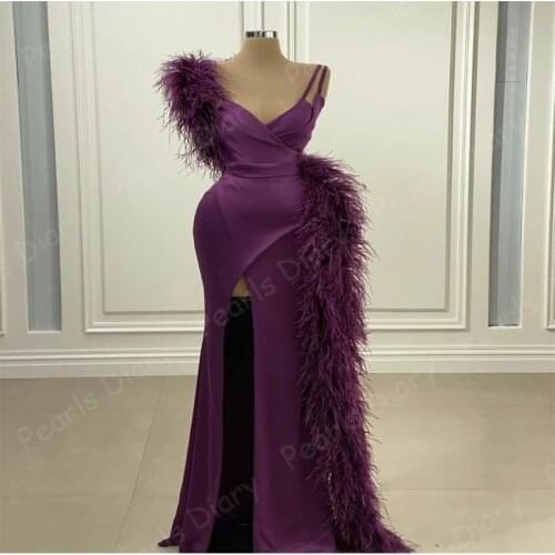 Robes Feathers Evening Dresses Sexy Spaghetti Strap Purple Mermaid Prom Gown Custom Made Side Split Sweep Train Pageant Gown