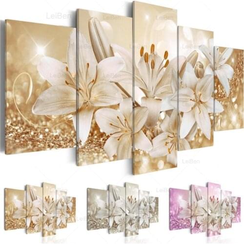 Wealth and Luxury Golden Lilies Flowers Prints Canvas Painting 5 Panel Pink and Silver Blossom Poster Modern Wall Art Home Decor