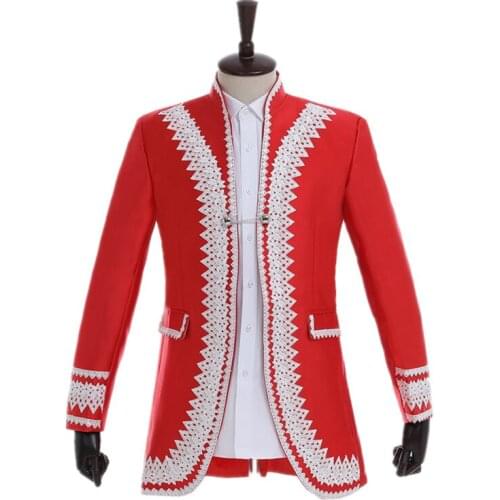 Classical Red Male Wedding Slim Fit Suits Prom Dress Dance Mens Lace Floral Pattern Blazer Jacket Men Fashion Stage Costumes