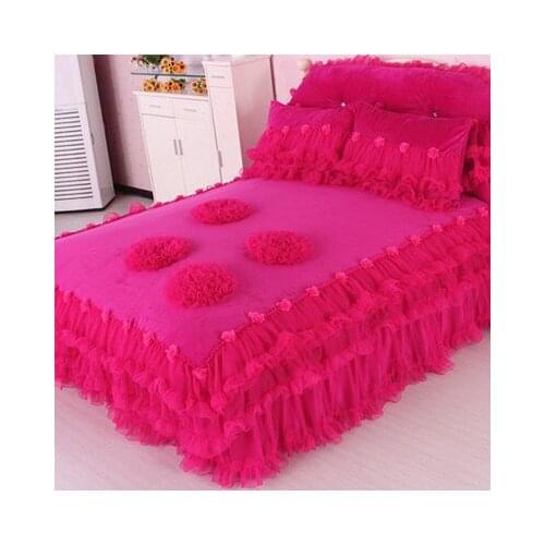 Korean Winter coral fleece piece set thickening thermal lace flower 1.5m/1.8m/2m bed crystal velvet flannel duvet cover
