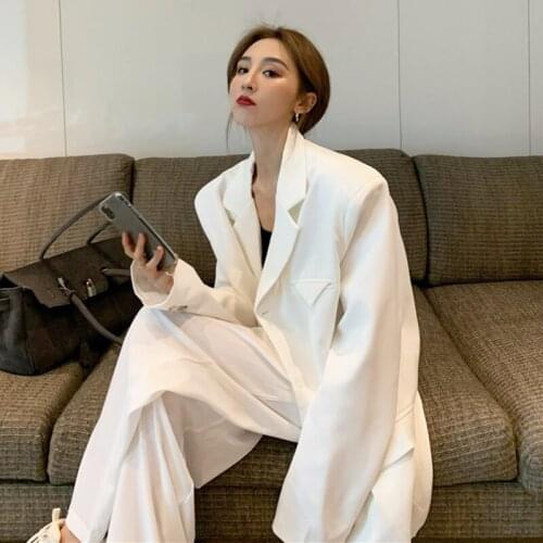 Suit Jacket Womens Trendy White Vintage Loose Thin Fried Street Blazer Female 2021 Spring Autumn Loose Pantsuit Setup 2 Piece