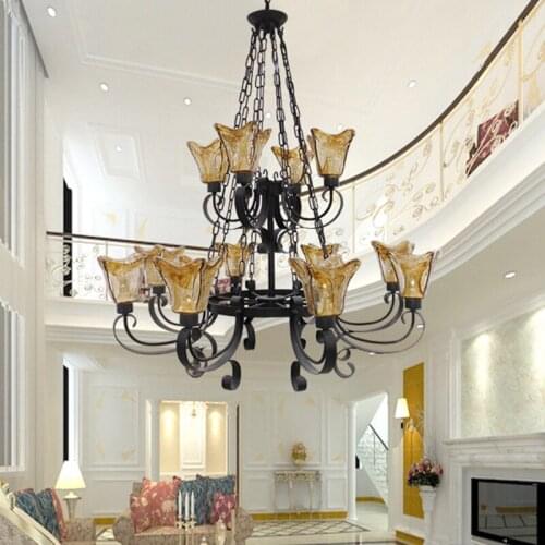 European style chandelier country villa living room duplex floor two layers of retro iron double staircase multilayer lighting