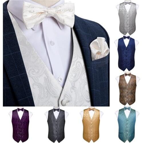 Mens Vest Silver Gold Navy Blue Paisley Classic Party Wedding Jacquard Waistcoat Vest Pocket Square Tie For Suit Tuxedo DiBanGu