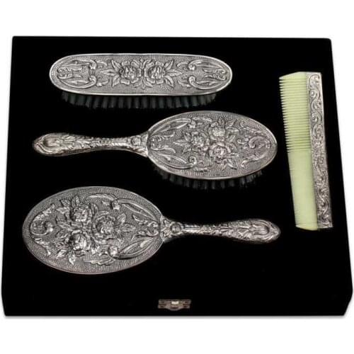 Silver Mirror Comb Brush Kit-4 Piece