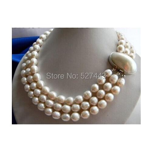 Wholesale free p&p hot sale 3Strands 17-19'' 9-11MM White Rice Freshwater Pearl Necklace
