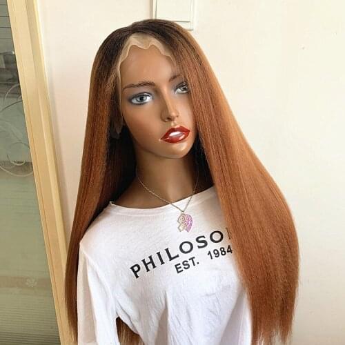 Synthetic Lace Front Wig Long Kinky Straight Hair Ombre Brown Wig Natural Hairline High Temperature Fiber Cosplay Wigs for Women