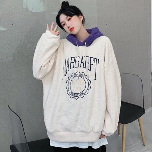 Womens Lamb Wool Hoodie 2021 New Korean Loose Letters Fake Two-Piece Jacket Coat Gentle Wind Hooded Warm Pullover Ropa Mujer
