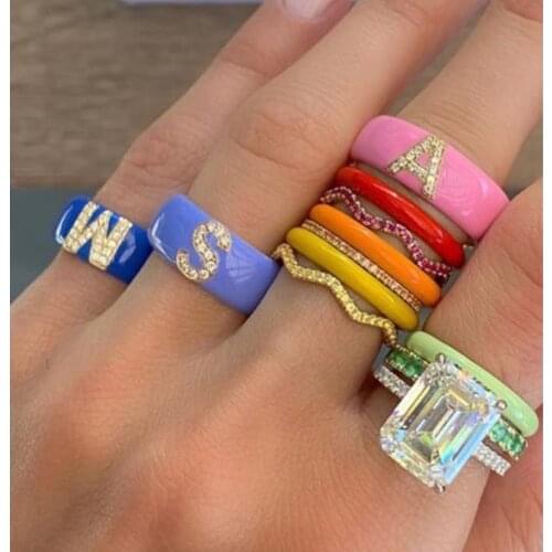 Hot sale colorful womens Initials A-Z letter finger rings for lady engagement band jewelry total initials 26 Alphabet set punk