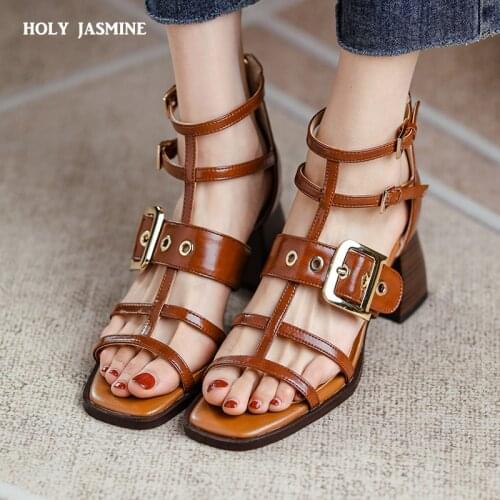 2021 Fashion Women Pumps Sewing Genuine Leather Cut Outs Sandals Summer Fashion Square High Heel Buckle Female Shoes Size 34-40