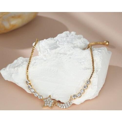 Romantic Star Moon Pendant Adjustable Zircon Bracelet for Women Cute Push-Pull Gold Charms Bracelet Anniversary Jewelry Gift