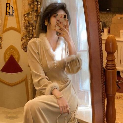 French Fur Collar Bright Silk Spring And Autumn V-neck Waist Velvet Dress Elegant Temperament Black Long Dress Base Dress
