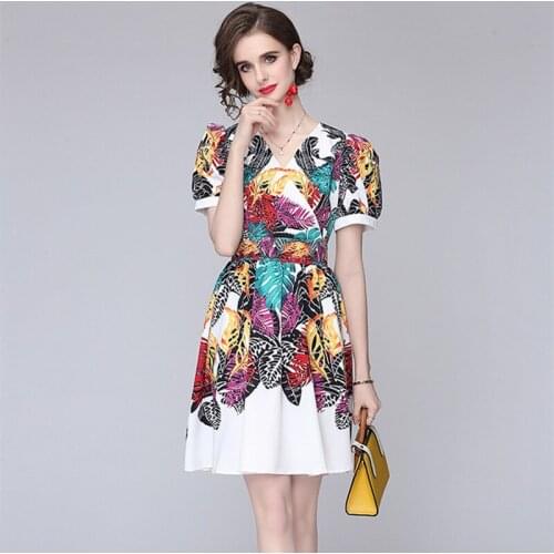 Designer Runway Women Floral Print Slim High Waist Party Dress 2021 Summer Vintage Fashion Elegant Puff Sleeve Mini Dress