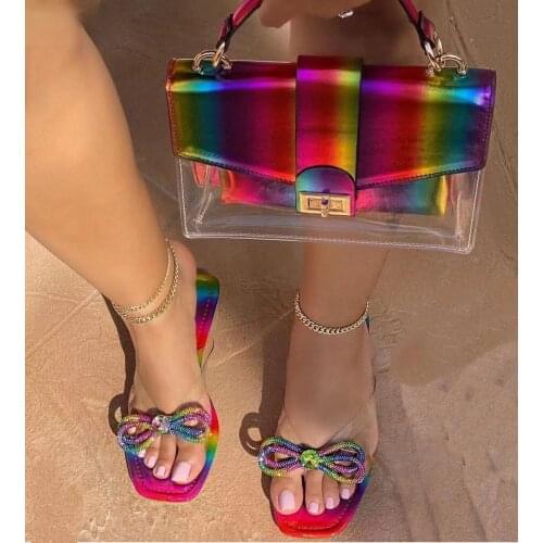 2021 Neon Jelly Purses and Slide Set Rainbow Bow Flip-flops and Handbags Rhinestone Flat Slipper Bag Fashion Womens Shoes Hot