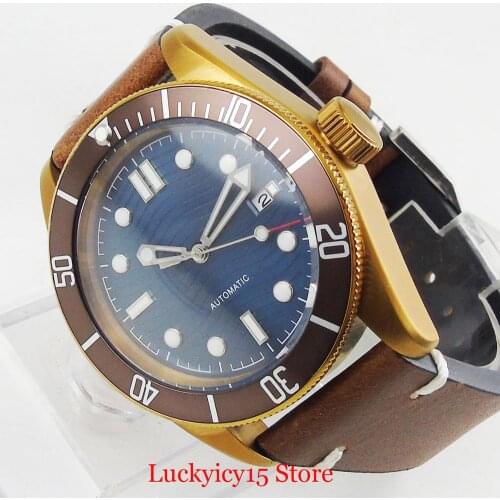 41mm Bronze Self Winding Men Wristwatch Date Function Sapphire Glass Blue Nologo Dial Rotating Bezel
