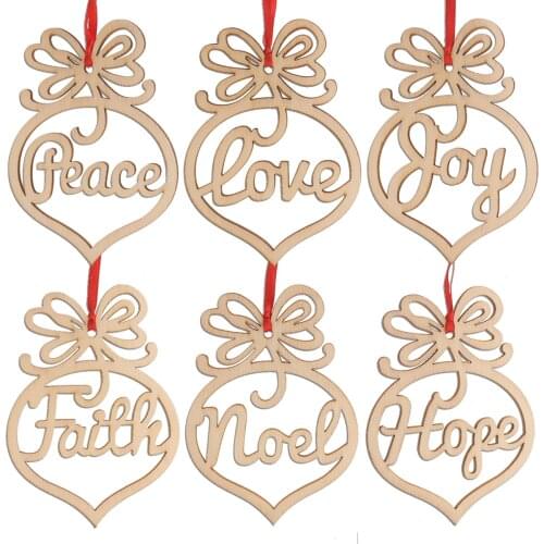 6PCS Love Christmas Wooden Pendants Ornaments DIY Wood Crafts Xmas Tree Ornaments Christmas Party Decorations Kids Gift