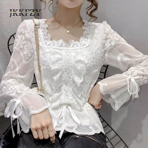 Square neck Womens Long Sleeve Bottoming Shirt Spring 2021 New Elegant Blouses Slim White Luxury Top