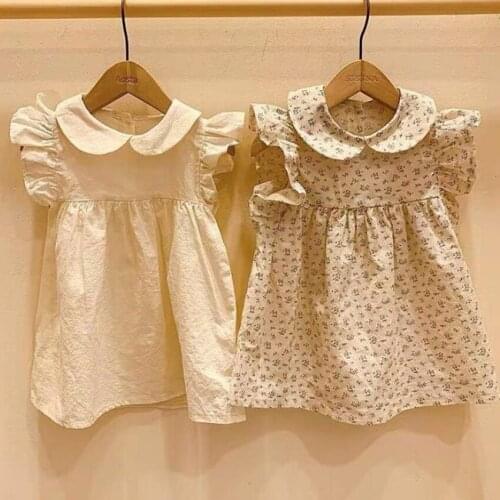 Baby girl summer vintage floral dress kids peter pan collar casual cotton cute little princess dress